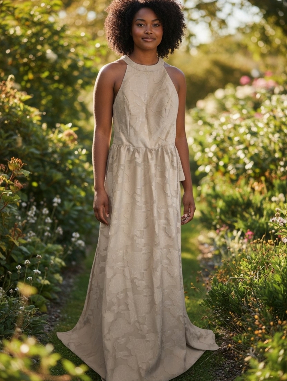 Elegant High-Neck Beige Lace Evening Dress